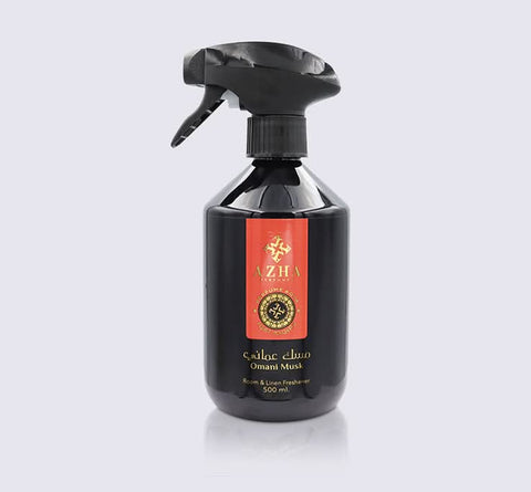 Omani Musk air freshener by Azha in a 500ml bottle, with a sleek design and Omani Musk scent, suitable for linen and room freshening.