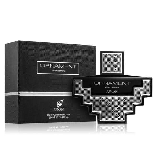 Ornament Pour Homme Eau de Parfum spray by Afnan, 100ml bottle with decorative ornament design, elegant fragrance packaging.