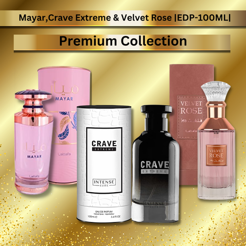 Intense Elite Premium Collection EDP 100ML with Mayar, Crave Extreme, and Velvet Rose bottles arranged on a display.