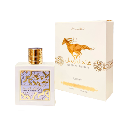 Qaed Al Fursan Unlimited Eau De Parfum by Lattafa in 90ml bottle, featuring a sleek design and elegant fragrance presentation.