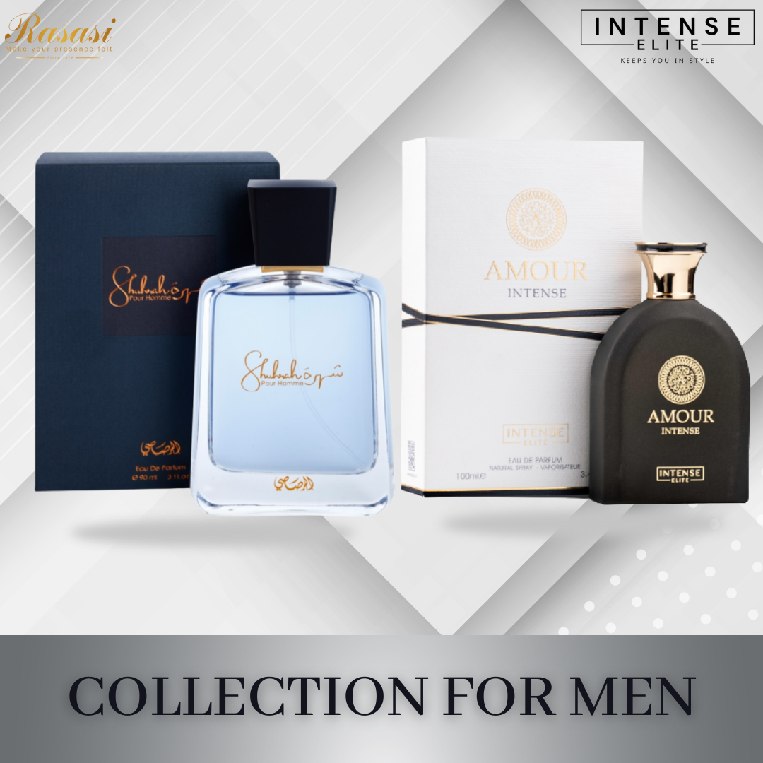 Men's Eau De Parfum set featuring Intense Elite Amour Intense 100ml and Shuhrah Pour Homme 90ml bottles, stylish perfume bottles.