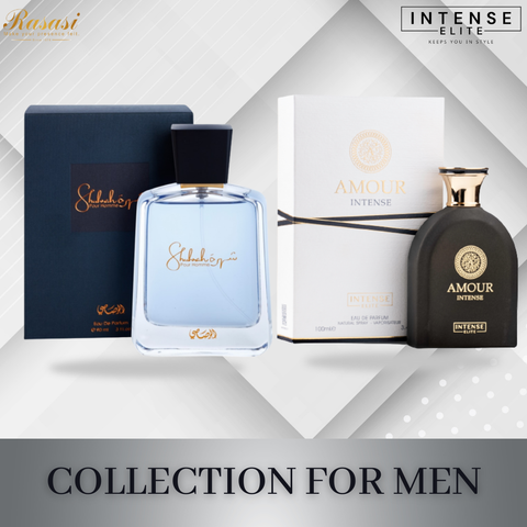 Men's Eau De Parfum set featuring Intense Elite Amour Intense 100ml and Shuhrah Pour Homme 90ml bottles, stylish perfume bottles.
