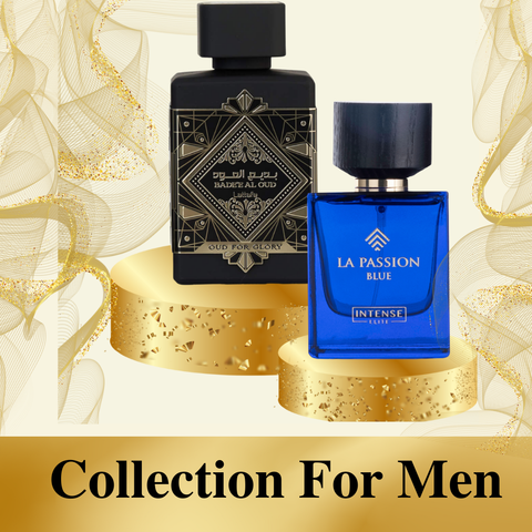 Intense Elite Collection For Men Eau De Parfum set with Bade'e Al Oud for Glory and LA Passion Blue, featuring warm, luxurious fragrances.