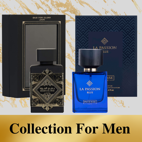 Intense Elite Collection for Men: Bade'e Al Oud for Glory and LA Passion Blue Eau De Parfum with sparkling accents in the image.