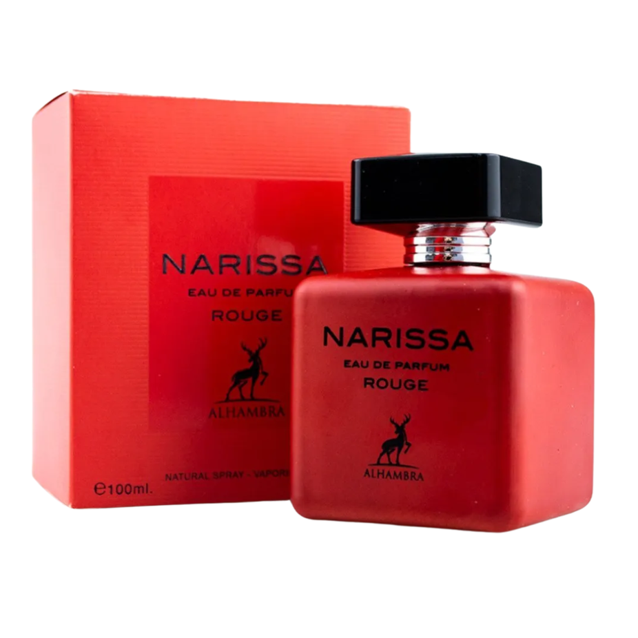 Maison Alhambra Narissa Rouge Eau de Parfum spray bottle, 100ml, with elegant packaging and floral fragrance design.