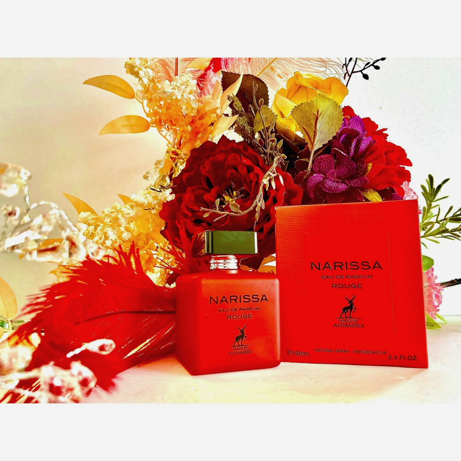 Maison Alhambra Narissa Rouge Eau de Parfum spray bottle, 100ml, with elegant packaging and floral scent design.