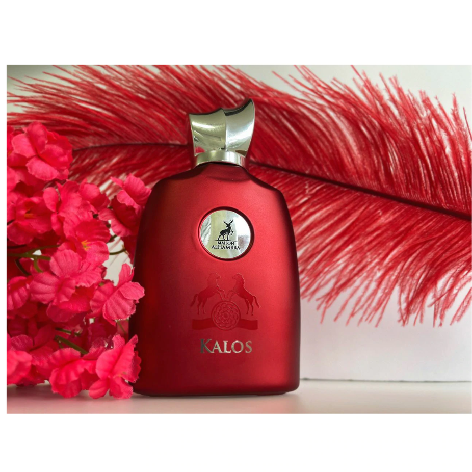 Maison Alhambra Kalos Eau de Parfum spray 100ml, featuring elegant glass bottle with silver cap and floral fragrance details.