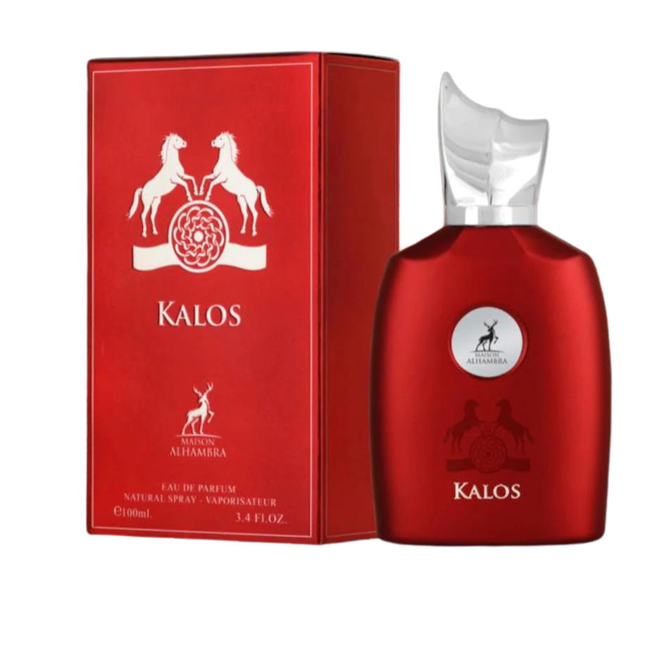 Maison Alhambra Kalos Eau de Parfum spray bottle, 100ml, with elegant packaging and floral fragrance design.