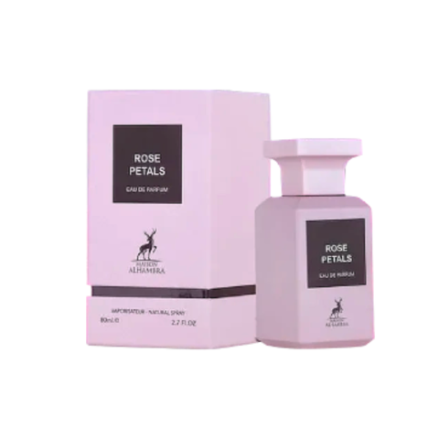 Maison Alhambra Rose Petals Eau de Parfum spray bottle, 80ml, elegant floral fragrance in a sleek glass design