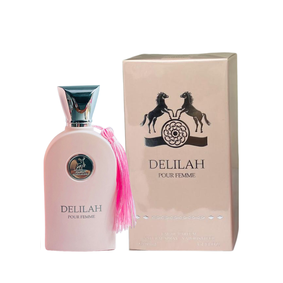 Maison Alhambra Delilah Pour Femme Eau de Parfum spray bottle, 100ml, with elegant floral design and fragrance sprayer.