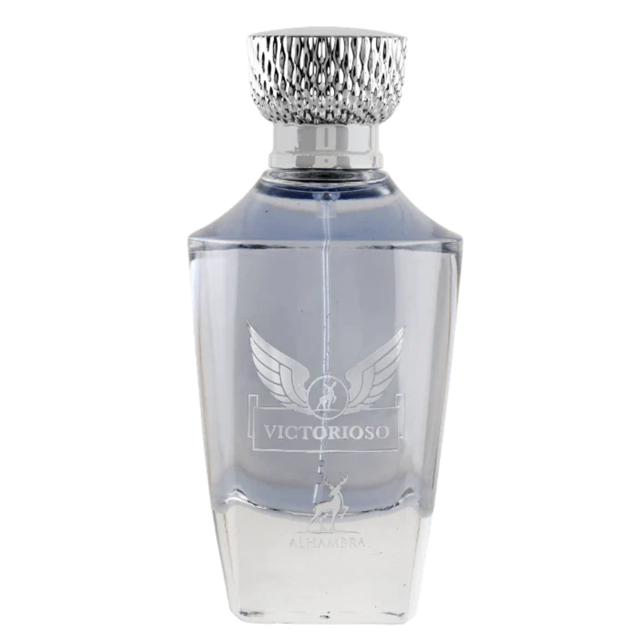 Maison Alhambra Victorioso Eau de Parfum spray 100ml with elegant bottle and black cap, showcasing a luxurious fragrance.