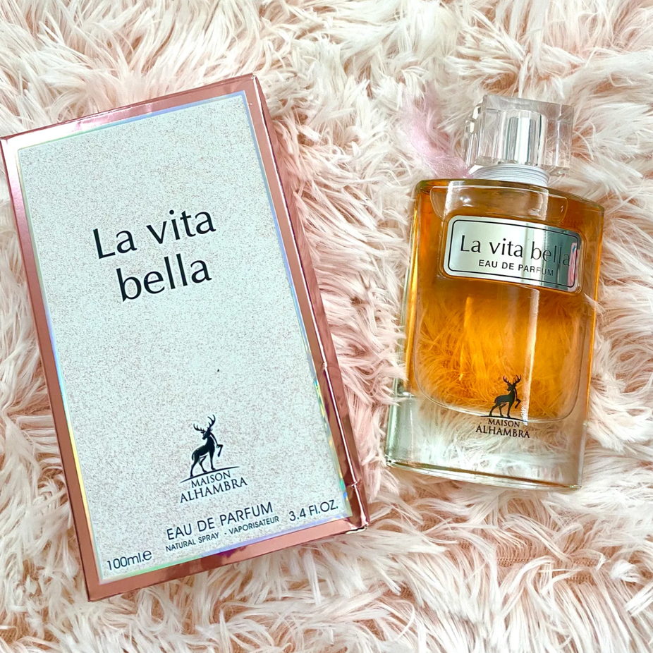 Maison Alhambra La Vita Bella Eau de Parfum spray bottle, 100ml, elegant design with a sleek cap and floral accents.