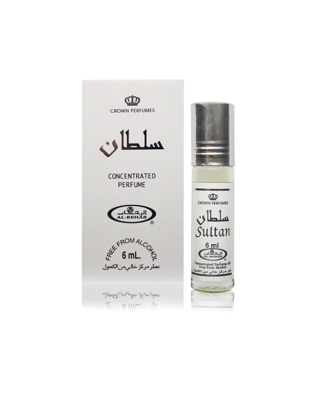 Sultan 6ML perfume oil by Al Rehab in a roll-on bottle, concentrated Arabic attar with ornate crown design on the packaging
