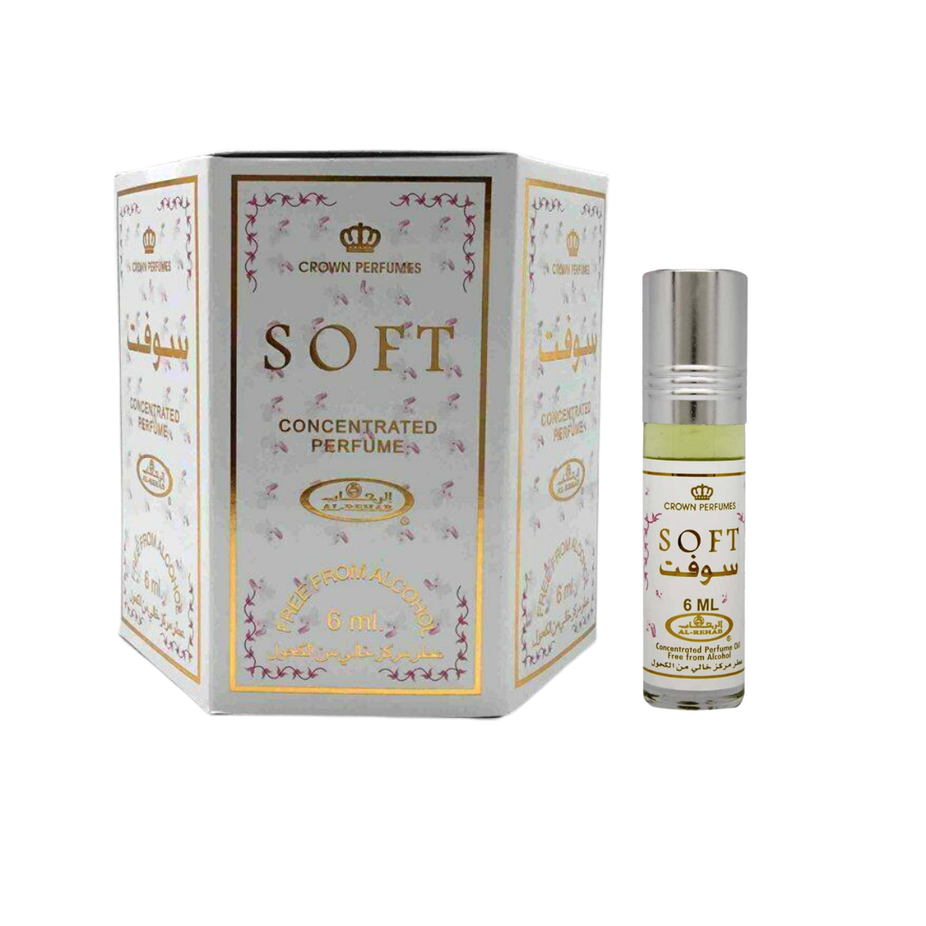 Al-Rehab Soft 6ml concentrated perfume oil roll-on with SultanAlOud scent, displayed in a box of six bottles.