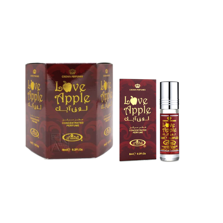 Al-Rehab Love Apple 6ml concentrated perfume oil roll-on with box, featuring a sleek container and vibrant packaging design.