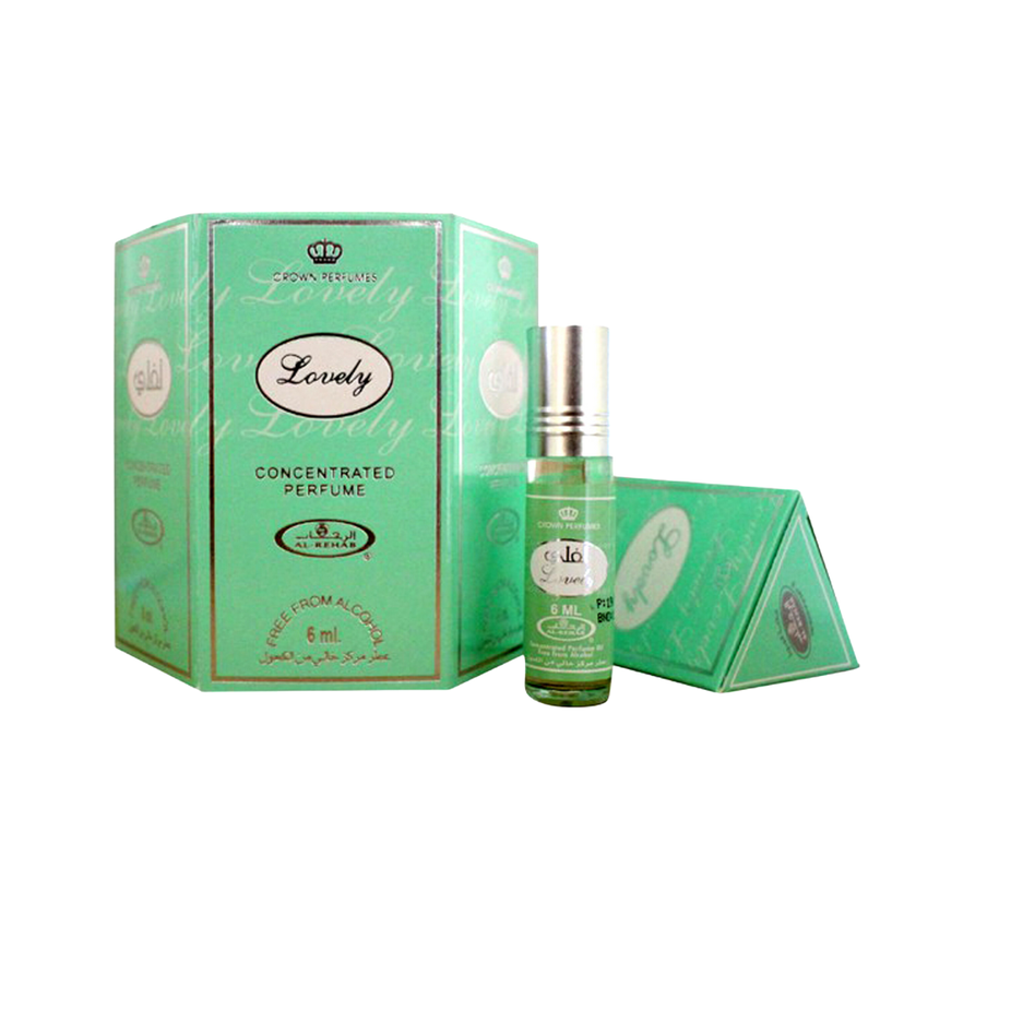 Al-Rehab Lovely 6ml concentrated perfume oil roll-on with Sultan Oud scent, displayed in a box of six bottles.