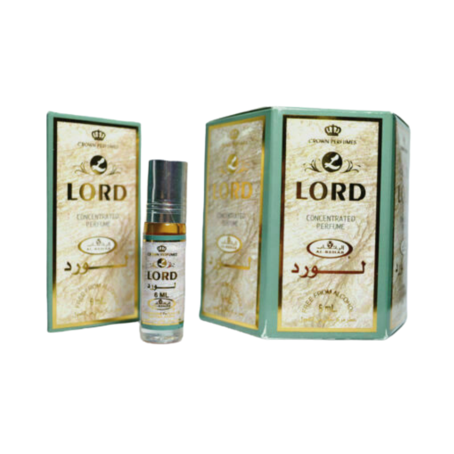 Al-Rehab Lord 6ml concentrated perfume oil roll-on with SultanAlOud scent, shown in a box of six bottles.