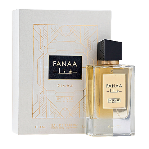 Intense Elite Shaheen Gold & FANAA Glance women’s 100ml Eau De Parfum with elegant gold and floral bottle design.