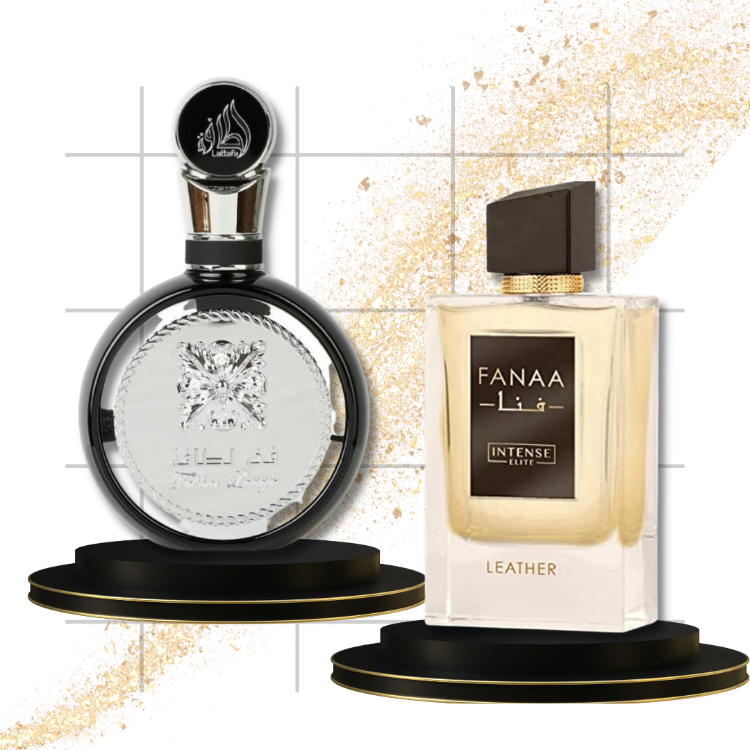 Intense Elite Fakhar Men & Fanaa Leather Eau De Parfum 100ml spray bottle from the Spring Collection for Men.