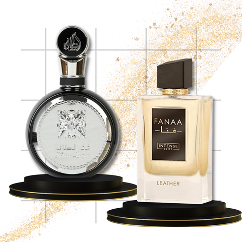 Intense Elite Fakhar Men & Fanaa Leather Eau De Parfum 100ml spray bottle from the Spring Collection for Men.