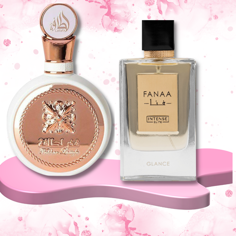 Intense Elite Fakhar Women & Fanaa Glance Eau De Parfum bottles from the Spring Collection, 100ml, elegant floral perfume for women.