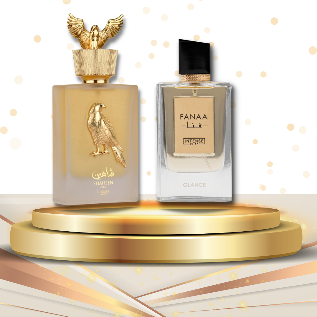 Intense Elite Shaheen Gold & FANAA Glance women’s Eau De Parfum 100ml bottle with gold accents, elegant fragrance design.