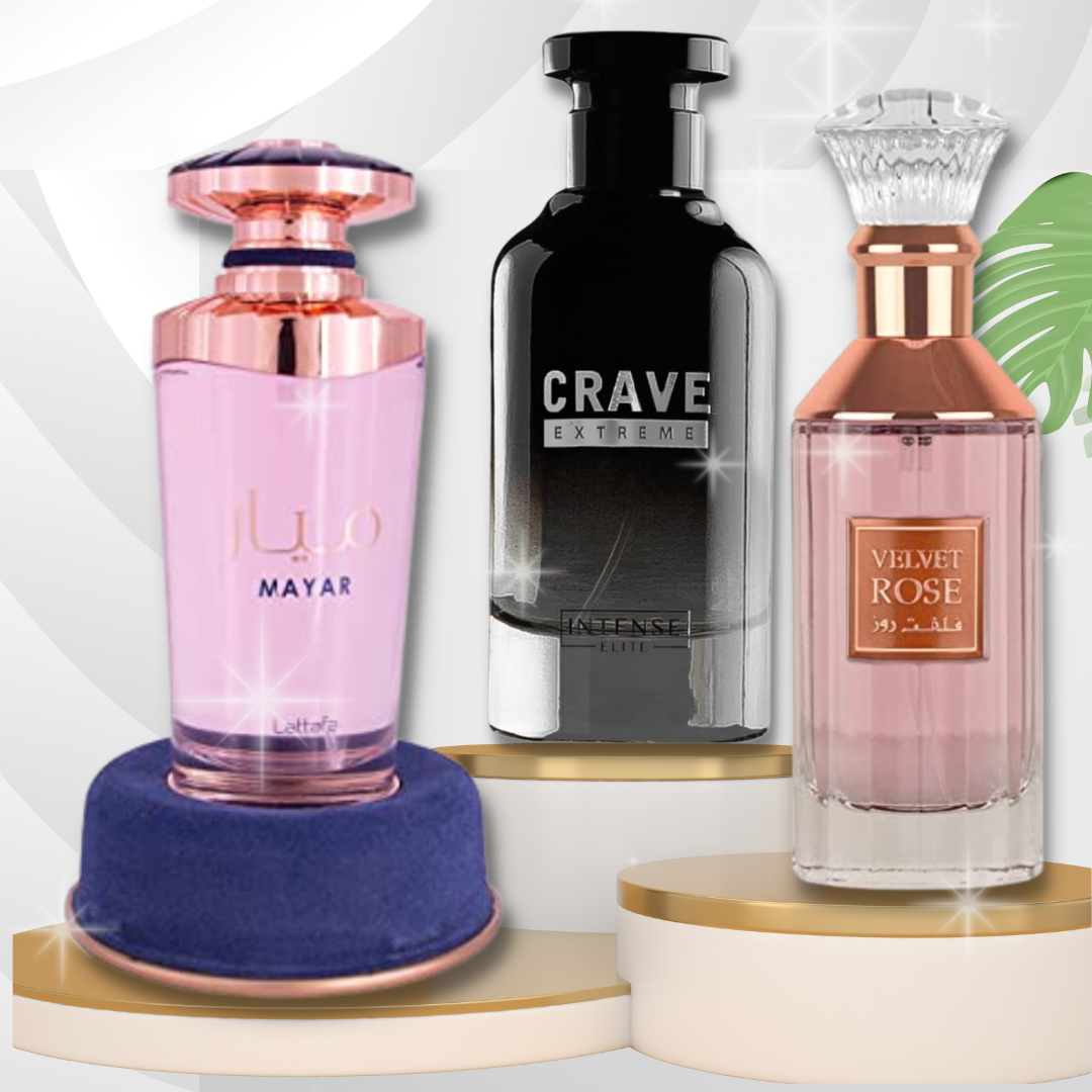 Intense Elite Mayar Crave Extreme and Velvet Rose Eau De Parfum bottles from the Premium Collection, 100ml, with elegant packaging.