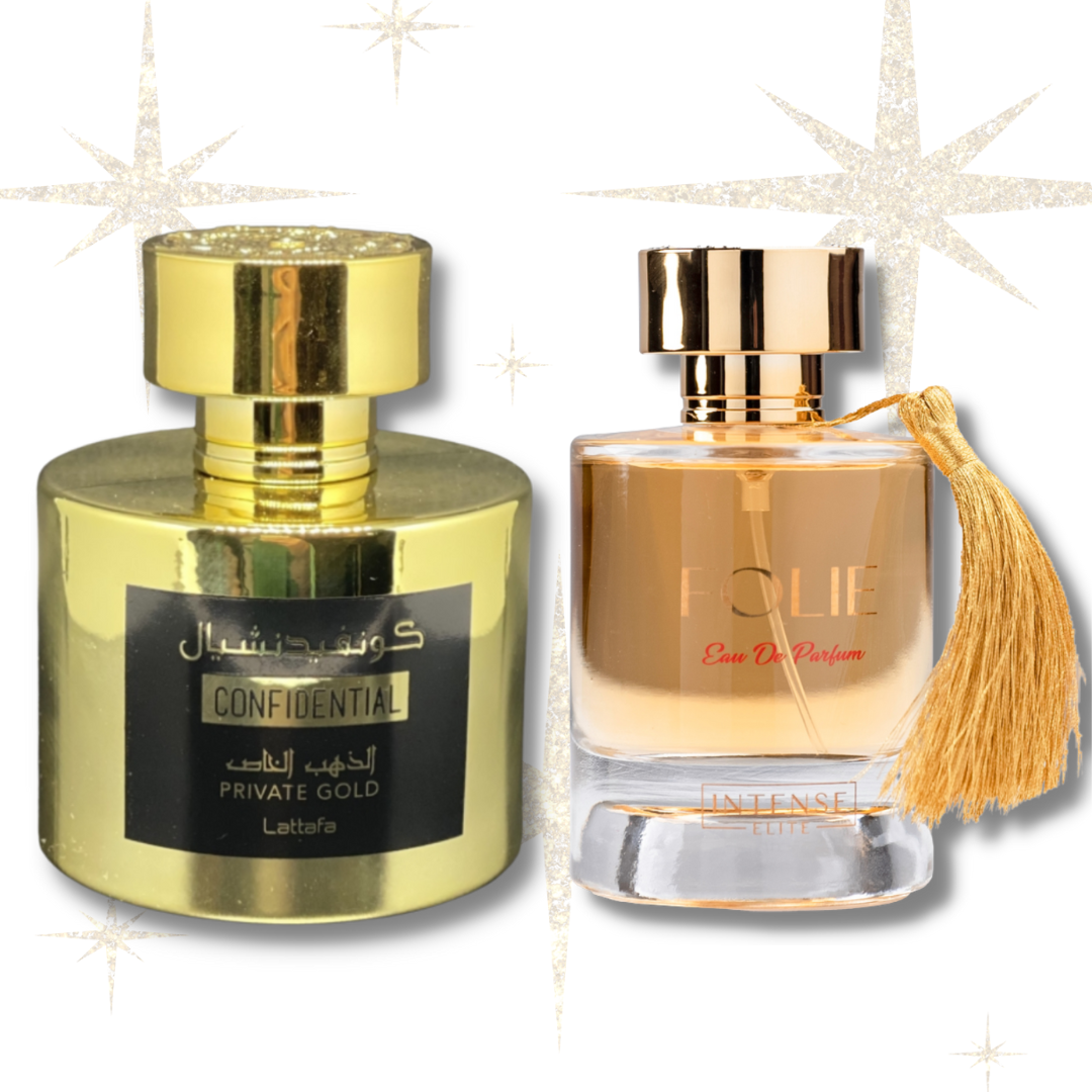 Intense Elite Confidential Gold & Folie Eau De Parfum spray for couples, 100ml, elegant bottle with gold accents.