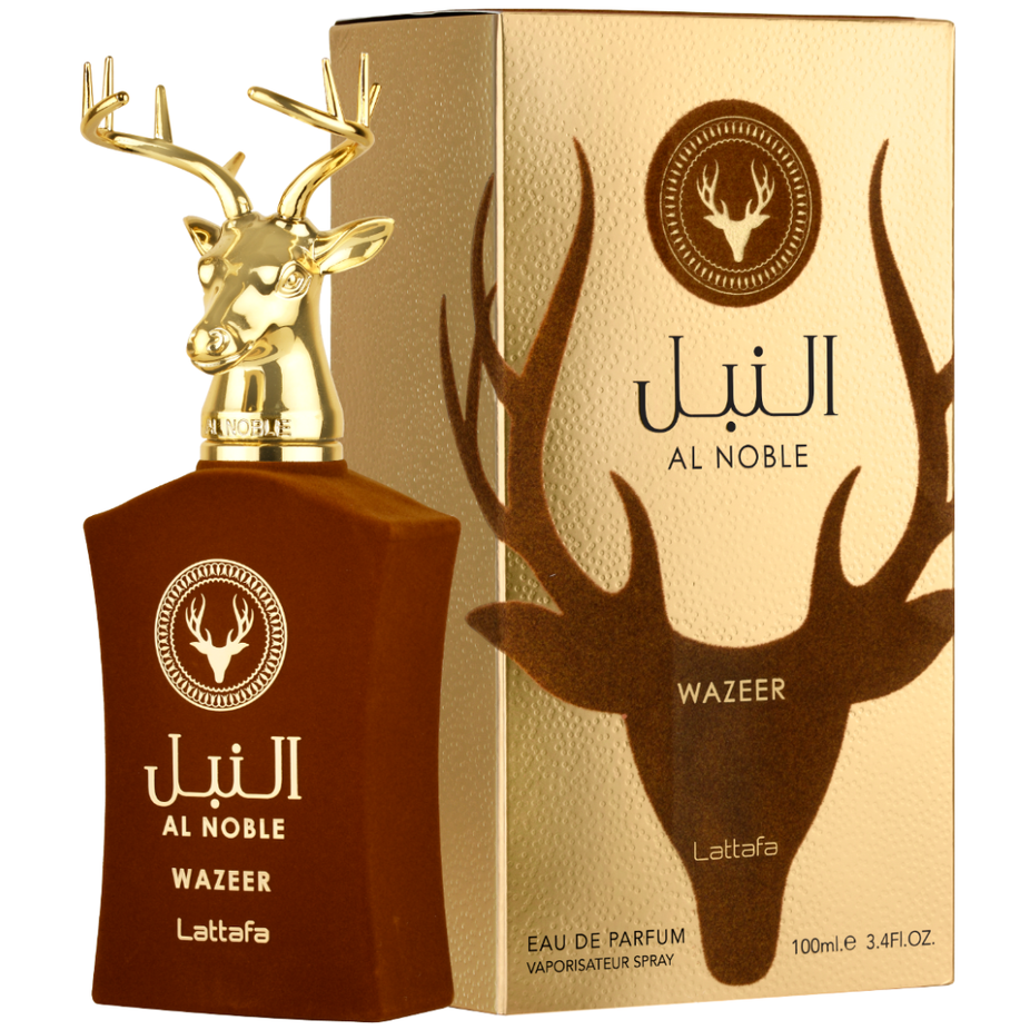 Lattafa Al Noble Wazeer Eau De Parfum 100ML bottle with elegant packaging and fragrance details.