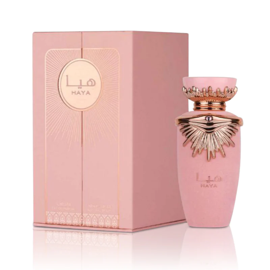 Lattafa Haya for Women Eau de Parfum 100ml bottle, elegant glass container with floral and fruity fragrance notes.