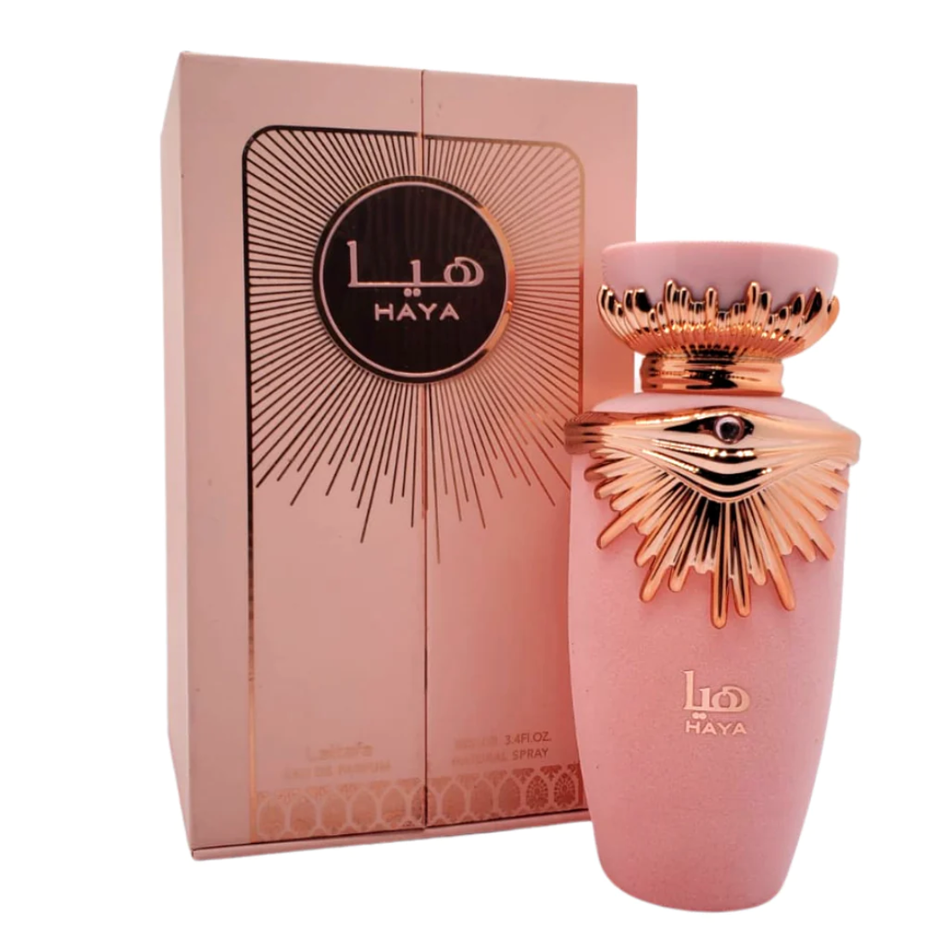Lattafa Haya for Women Eau De Parfum 100ML bottle, elegant fragrance bottle with floral and fruity design elements.