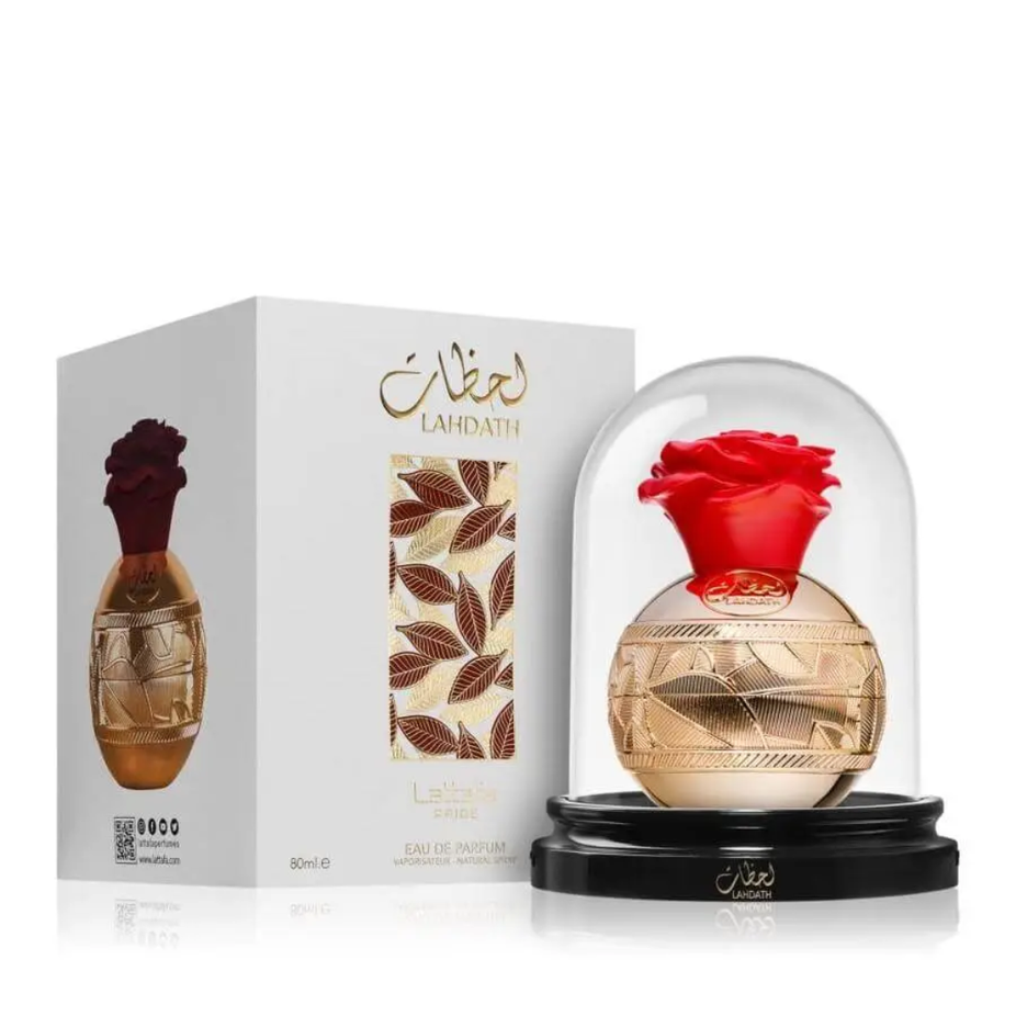 Unisex Lattafa Pride Lahdath Eau De Parfum 80ML bottle with elegant packaging, showcasing the fragrance design.