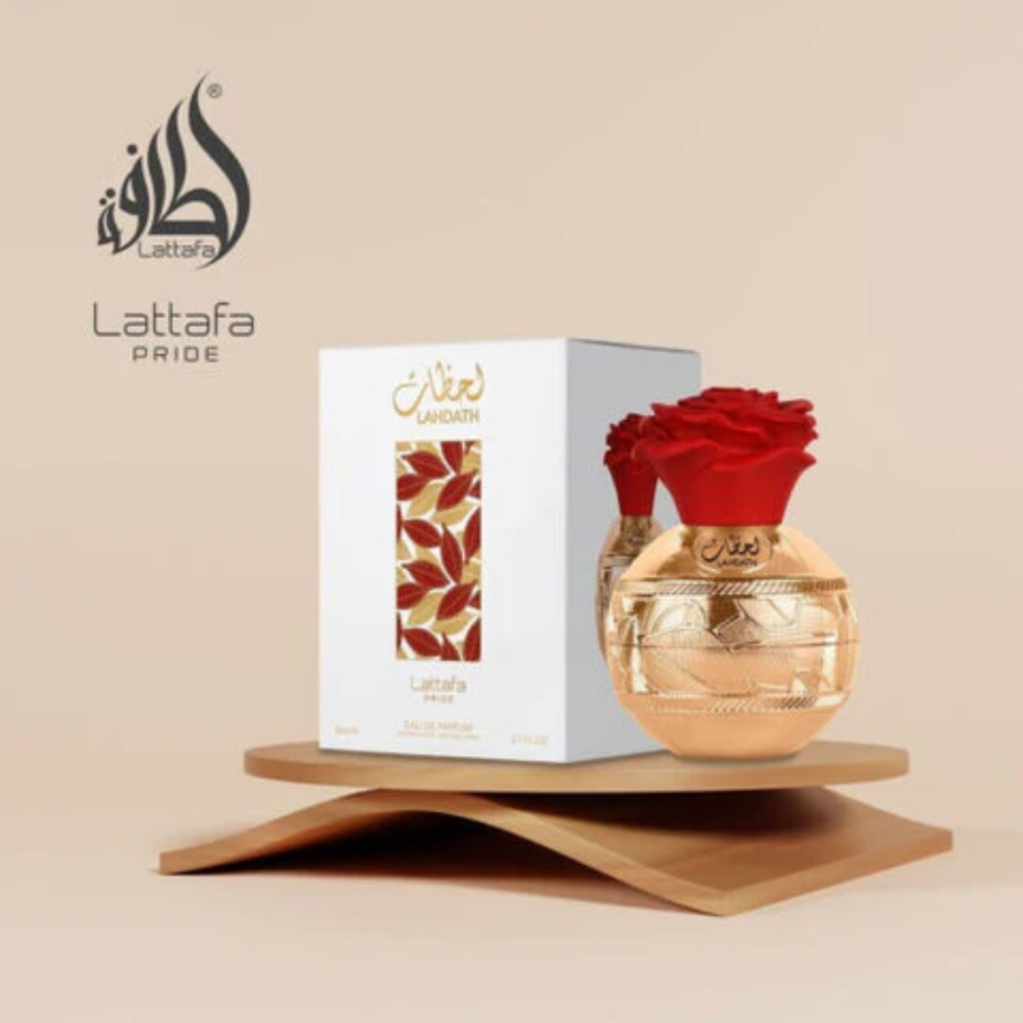 Unisex Lattafa Pride Lahdath Eau De Parfum 80ML bottle, elegant design, showcasing the fragrance packaging.