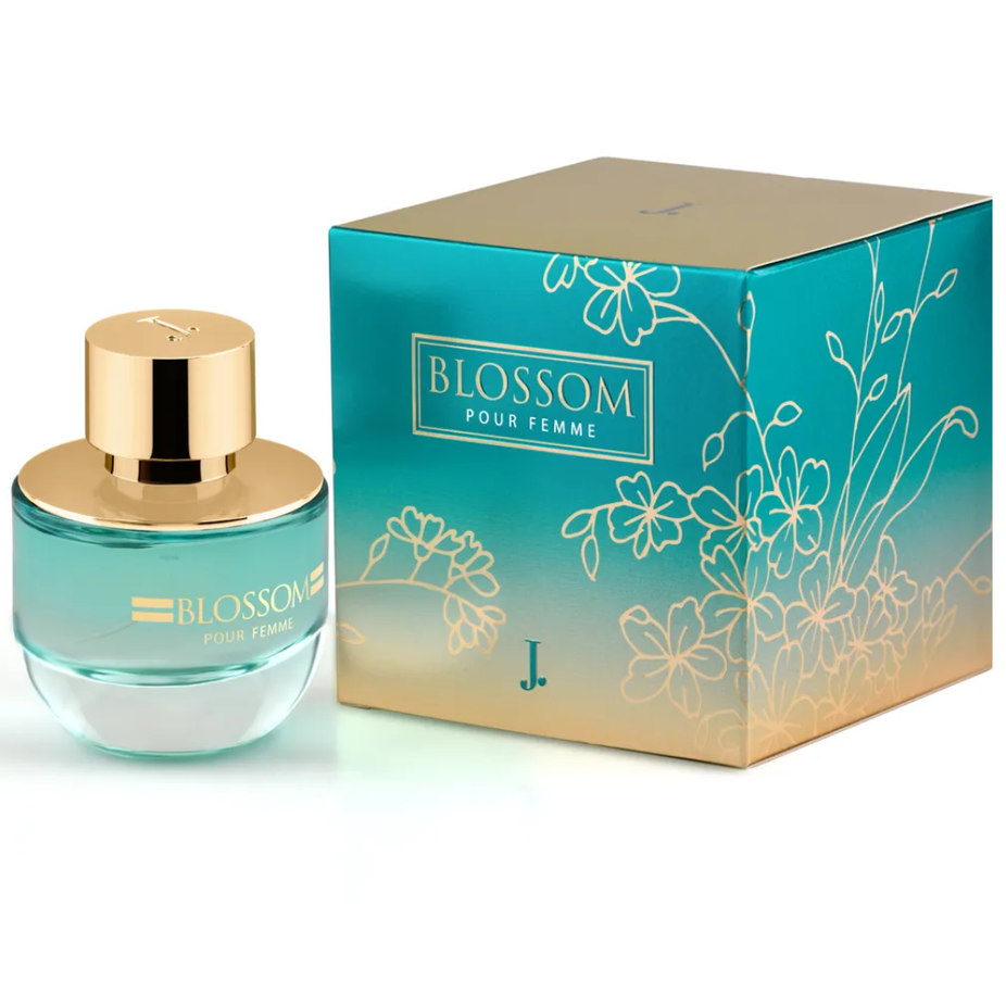 Junaid Jamshed Blossom Pour Femme Eau De Parfum bottle with floral design, 50ML, elegant fragrance packaging.