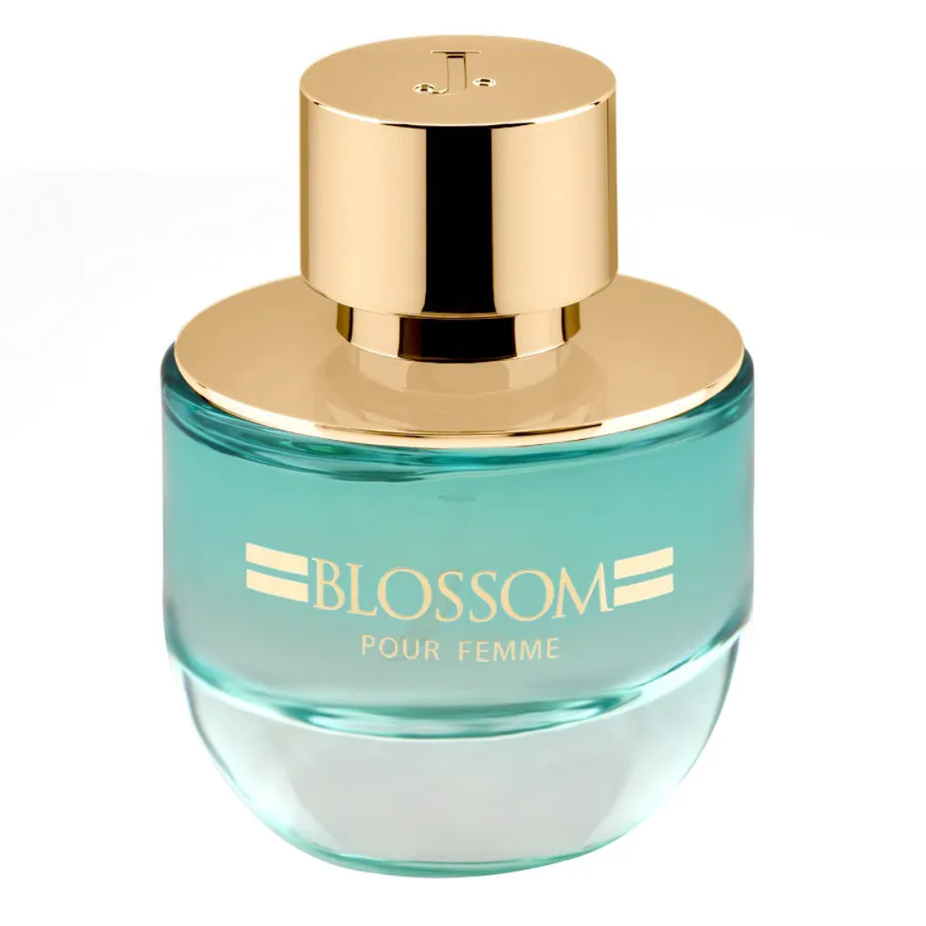 Junaid Jamshed Blossom Pour Femme EDP 50ML perfume bottle with floral design, showcasing the elegant fragrance packaging.