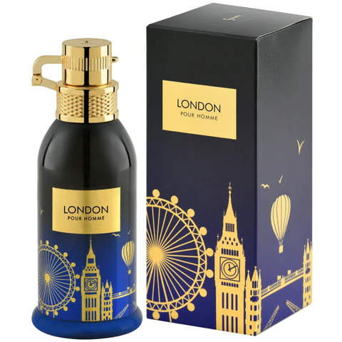Junaid Jamshed London Pour Homme Eau De Parfum 100ML bottle with elegant packaging and dark glass design.