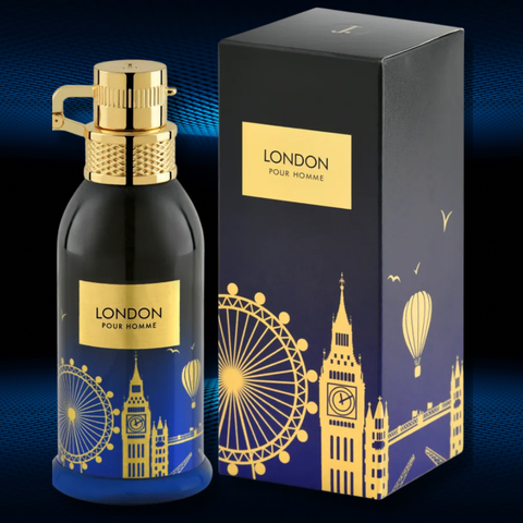 Junaid Jamshed London Pour Homme Eau De Parfum 100 ML bottle with sleek design, fragrance notes visible on the packaging.