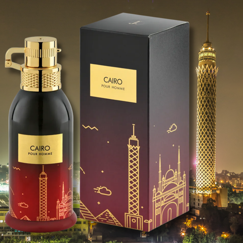 Cairo Pour Homme Eau De Parfum by Junaid Jamshed, 100ml bottle with sleek design, showcasing the fragrance's elegant packaging.