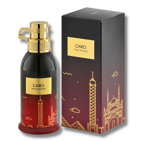 Cairo Pour Homme EDP by Junaid Jamshed, 100ml bottle, elegant perfume packaging with a sleek design.