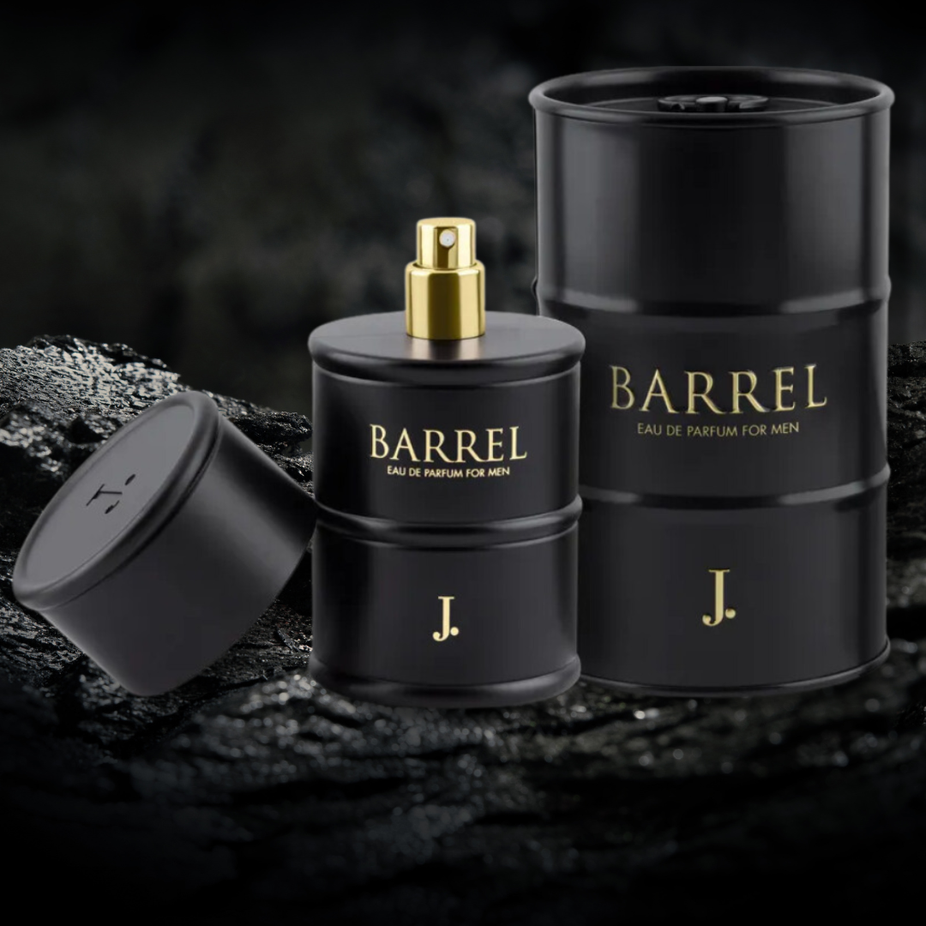 Junaid Jamshed Barrel Men’s EDP bottle, 100ml, elegant glass perfume container with gold accents, showcasing the fragrance design.