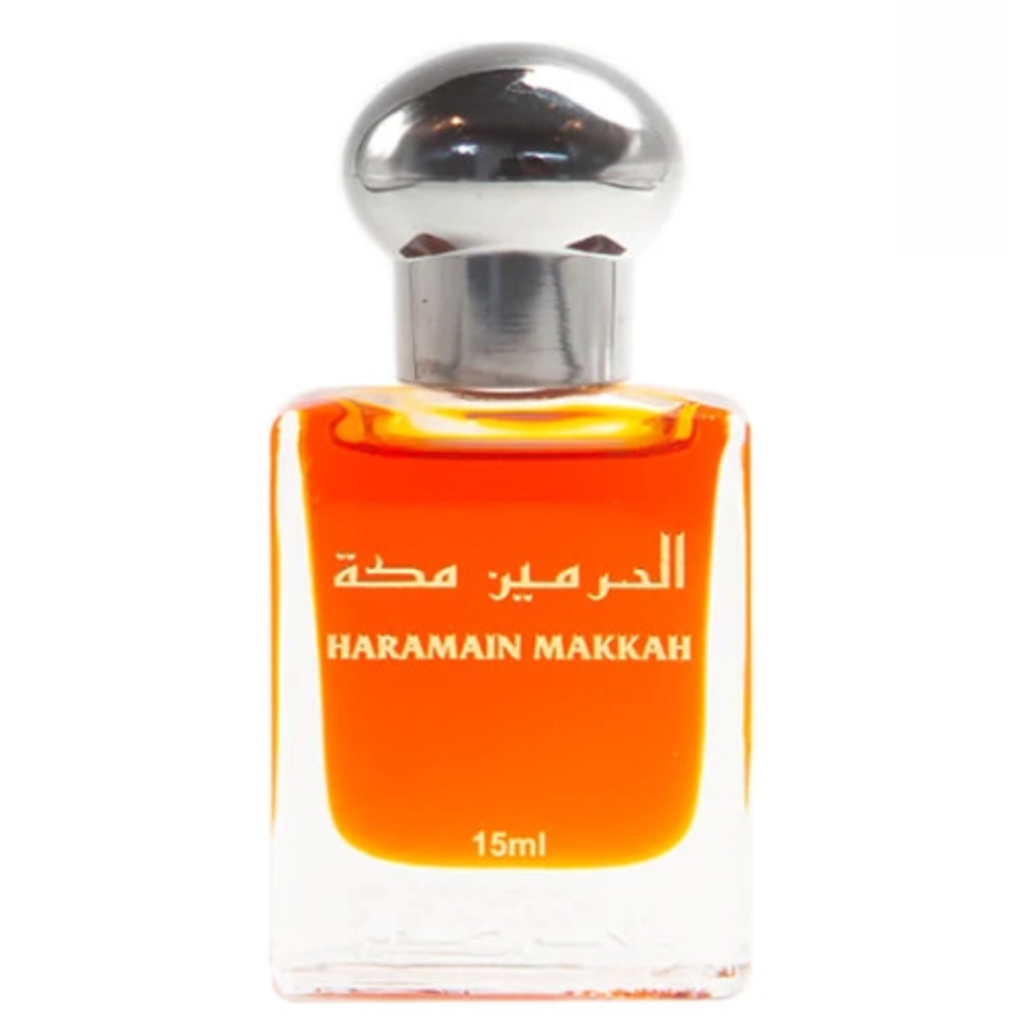 Al Haramain Makkah Perfume Oil 15ml, concentrated perfume oil bottle with elegant packaging and traditional design.