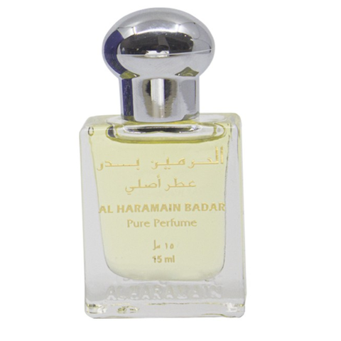 Al Haramain Badar Perfume Oil 15ml, concentrated perfume oil with floral and woody notes, in a clear glass bottle.
