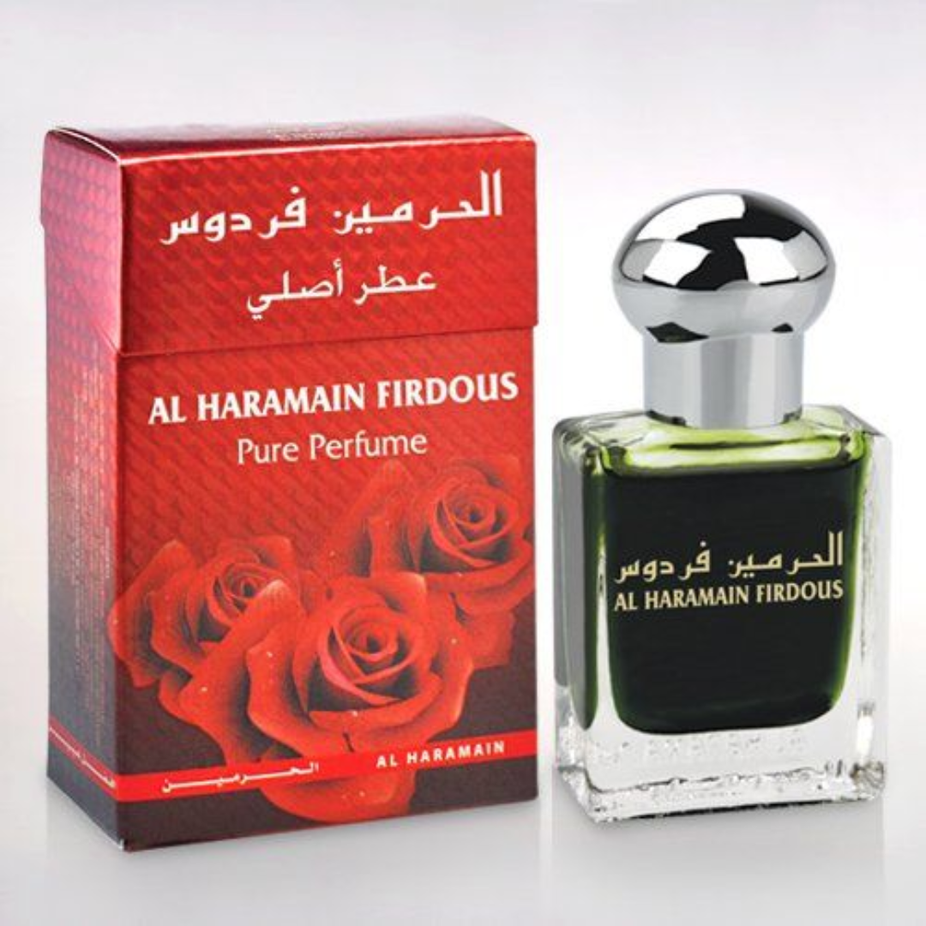 Al Haramain Firdous Perfume Oil 15ml, concentrated perfume oil in a small glass bottle with a gold cap.