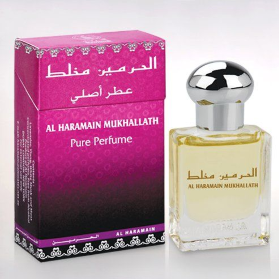 Al Haramain Mukhallath Perfume Oil 15ml, concentrated perfume oil with a luxurious fragrance in a small glass bottle.