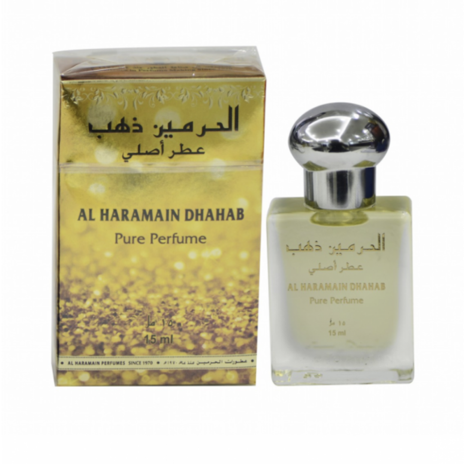 Al Haramain Dhahab concentrated perfume oil in a 15ml bottle, featuring elegant packaging and a luxurious fragrance.