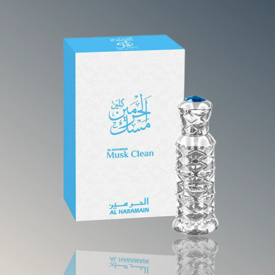 Al Haramain Musk Clean perfume oil in a 12ml bottle, concentrated perfume oil with a sleek design and clear branding.