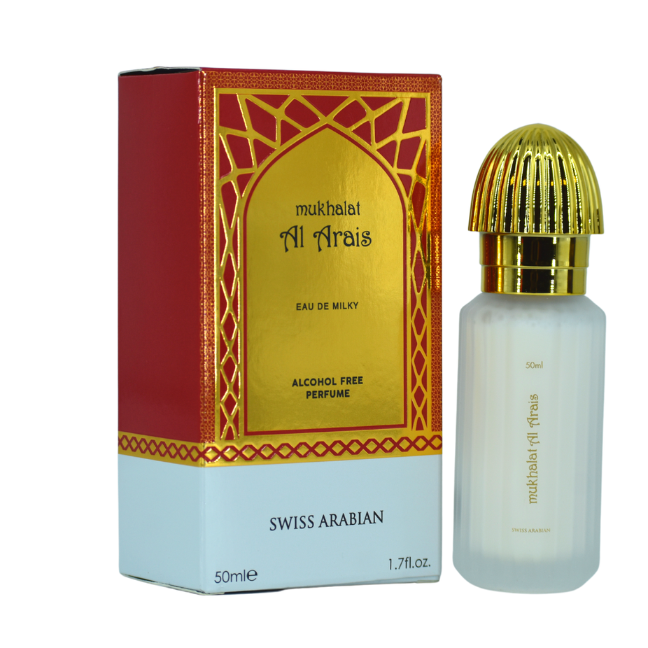Swiss Arabian Mukhalat Al Arais Eau De Milky Spray 50ml, creamy floral fragrance bottle with elegant design.