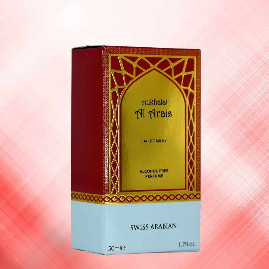 Swiss Arabian Mukhalat Al Arais Eau De Milky Spray 50 ML, featuring a sleek bottle and milky fragrance design.