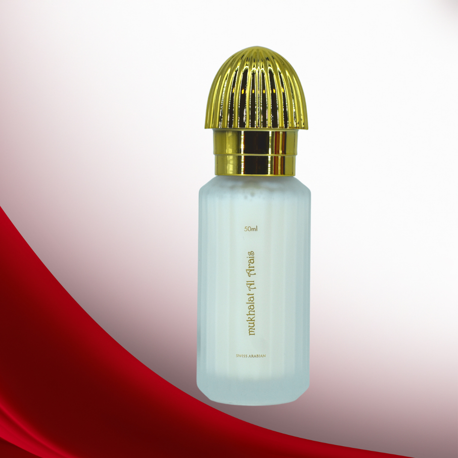 Swiss Arabian Mukhalat Al Arais Eau De Milky Spray 50ml, elegant milky fragrance with floral and oriental notes in a sleek bottle.