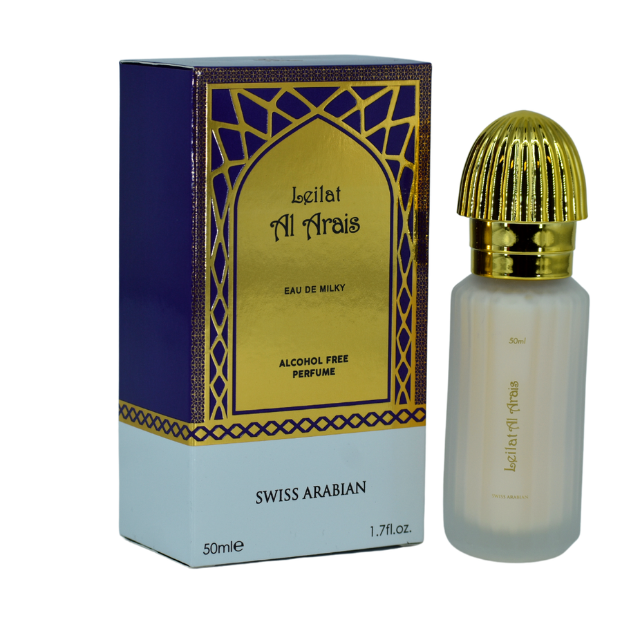 Swiss Arabian Leilat Al Arais Eau De Milky 50ml bottle, elegant packaging of the milky floral fragrance.